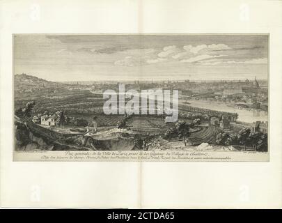 Vuë général de la ville de Paris, pry de la hauteur du Village de Chaillot, d'où on découvre les Champs Elizaées, le Palais des Thuilleries dans le Fond, L'Hôtel Royal des Invalides, et autres endroits remarquables., still image, Prints, 1750 Stockfoto