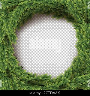 Grüner Weihnachtskranz transparenter Hintergrund. Holly Tanne natürliche Kreis Dekoration. Realistische fröhliche Weihnachten, Neujahr traditionelle Ornament. Runde Form Stock Vektor