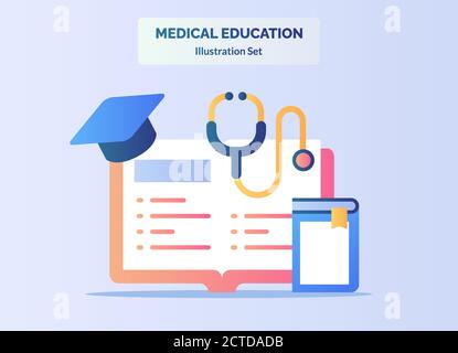 Medizinische Ausbildung Konzept Buch lernen Literatur Stethoskop hat Absolvent mit Flacher Cartoon-Stil Stock Vektor