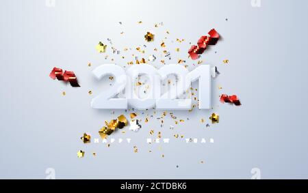 Frohes Neues Jahr 2021. Vektor Urlaub Illustration von Papier schneiden Zahlen mit funkelnden Konfetti Partikel, goldene Sterne und Streamer. Verbot festlicher Veranstaltungen Stock Vektor