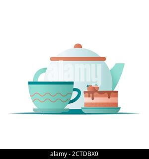 Flache Illustration Teekanne und Teetasse mit Erdbeerkuchen auf weißem Hintergrund für Concept Design. Vektorgrafik Stock Vektor