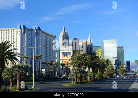 Las Vegas Strip nach Norden, Foto mit Excalibur, New York-New York, CityCenter und ARIA von links nach rechts in Las Vegas, Nevada, USA. Stockfoto