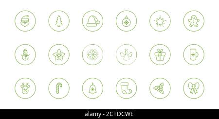 Weihnachts-Line-Art-Set. Niedliche traditionelle Holiday Icons Kollektion. Skizzieren Sie Designelemente mit Schneeflocke, weihnachtsmann, Stern, weihnachtsbaum, Ball, Socke Stock Vektor
