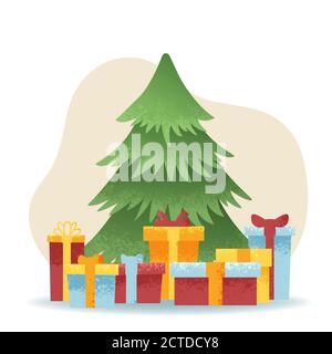 Postkarte mit Weihnachtsbaum und Geschenken. Frohe Weihnachten und das neue Jahr. Stock Vektor