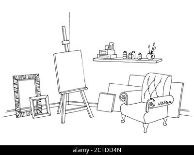 Kunst Werkstatt Grafik schwarz weiß Interieur Skizze Illustration Vektor Stock Vektor