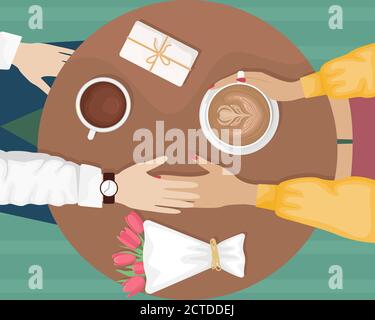 Ein paar in der Liebe an einem Tisch in einem Cafe sitzen und halten sich an den Händen. Blumenstrauß und Geschenk. Flache Vector Illustration. Stock Vektor