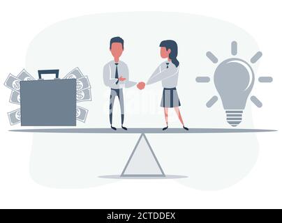 Geschäftspartner, die sich als Symbol der Einheit die Hände schütteln. Geschäftsmann und Geschäftsfrau stehen auf Wippe. Stock Vektor