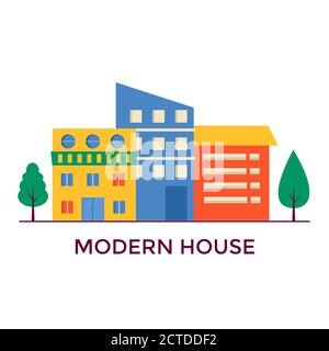 Kleine moderne Häuser Fassade mit Fenster, Garage, Balkon und Dach. Außenansicht des Gebäudes Wohnung mit Bäumen. Vektor Stadtbild Illustration. Einfache bac Stock Vektor