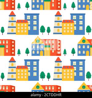 Nahtlose Muster Häuser und Straßen, Dächer des Gebäudes. Cute Stadtbild bunten Hintergrund für Kinder Textil, Geschenkpapier, Textil-Design. Vektorgrafiken Stock Vektor