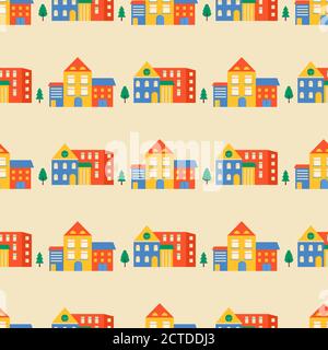 Nahtlose Muster Häuser und Straßen, Dächer des Gebäudes. Cute Stadtbild bunten Hintergrund für Kinder Textil, Geschenkpapier, Textil-Design. Vektorgrafiken Stock Vektor