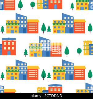Nahtlose Muster Häuser und Straßen, Dächer des Gebäudes. Cute Stadtbild bunten Hintergrund für Kinder Textil, Geschenkpapier, Textil-Design. Vektorgrafiken Stock Vektor