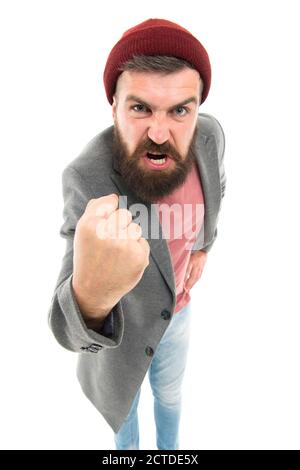 Was haben Sie gesagt. Bully Hipster. Schule der guten Manieren. Tipps und Tricks schöner Mann. Arroganter, unhöflicher Hipster. Bärtig und hübsch. Selbstverbesserungskonzept. Bärtige Hipster brutale Person. Stockfoto
