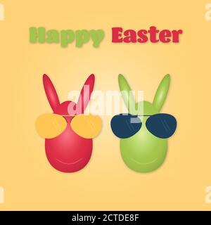 Frohe Ostern. Ostereier mit Sonnenbrille in trendigen Farben mit Text: Frohe Ostern. Stock Vektor