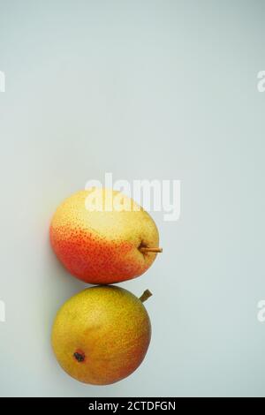 Vertikales Bild. Zwei Birnen auf weißem Hintergrund. Stockfoto