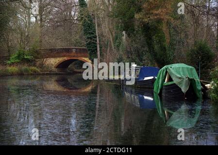 Die Guildford Road Bridge spiegelt sich im eisigen Wasser wider Des Basingstoke Canal in Surrey Stockfoto