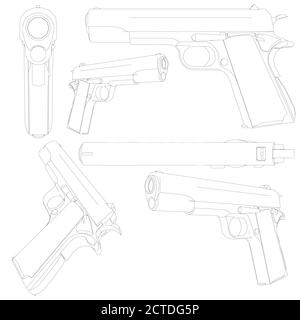 Set mit einer Kontur von 1911 Colt Pistole. Kontur einer Pistole in verschiedenen Positionen isoliert auf weißem Hintergrund. 3D. Vektorgrafik Stock Vektor