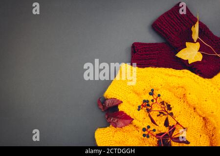 Herbstkleidung. Pullover in Gelb und Burgunderrot mit Blättern und Beeren überzogen. Flach liegend, Draufsicht Stockfoto