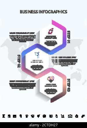 Vektor-Infografik-Schablone Sechsecke für drei Symbole, Diagramm, Diagramm, Präsentation. Für Inhalt, Flussdiagramm, Zeitleiste, Workflow, Banner, Marketing Stock Vektor