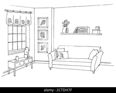 Wohnzimmer Grafik schwarz weiß Interieur Skizze Illustration Vektor Stock Vektor