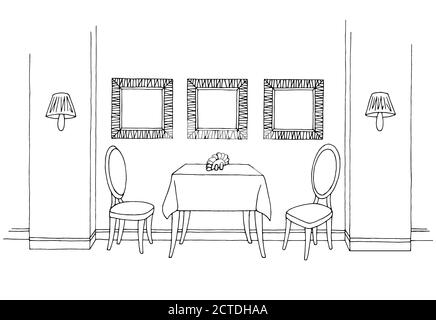 Restaurant Grafik schwarz weiß Interieur Skizze Illustration Vektor Stock Vektor