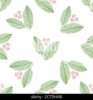 Mono Print Stil abstrakte Blätter und Beeren nahtlose Vektor-Muster Hintergrund. Verstreute grüne malerische Laub und rote Frucht Kreis Formen auf Stock Vektor