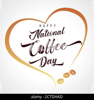 Vektor-Illustration von Happy International oder National Coffee Day mit Handschriftzug. Goldene Kaffeebohnen mit Aromaherz für Grußkarte, Poster Stock Vektor