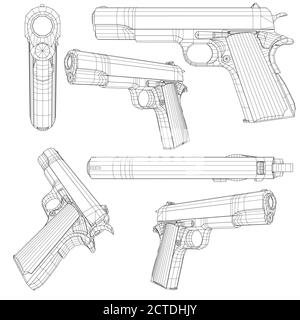 Set mit einer Low Poly Pistole Colt 1911. Drahtgestell einer Pistole in verschiedenen Positionen isoliert auf weißem Hintergrund. 3D. Vektorgrafik Stock Vektor