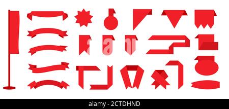 Rote Flagge flaches Set. Cartoon dekorative Papier Banner. Retro-Band, leeres Band für Text, Preisschild, Verkaufsetikett. Leere verschiedene Form einfache Bänder Vorlage. Isoliert auf weißer Vektorgrafik Stock Vektor