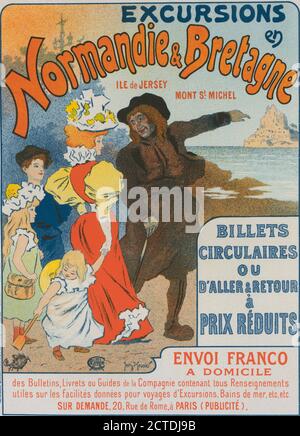 Affiche pour la Compagnie des Chemins de fer de l'Ouest, 'Excursions en Normandie et Bretagne'., Text, Druckgrafiken, 1896, Meunier, Georges (1869-1942 Stockfoto