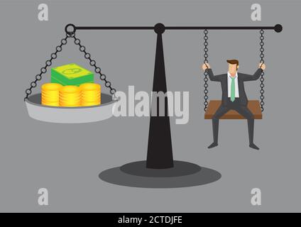 Cartoon Mann auf Waage mit Geld sitzen. Vektor-Cartoon-Illustration über den Ausgleich zwischen, Arbeit und Leben Konzept isoliert auf grauem Hintergrund. Stock Vektor