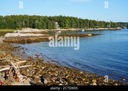 BOOTHBAY HARBOR, ME –8 AUG 2020- Sommeransicht einer Küstenbucht in Maine in der Nähe von Boothbay Harbor in Maine, USA. Stockfoto