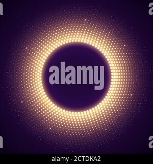 Goldener runder Rahmen im Disco-Stil. Hell beleuchtete kreisförmige Grenze isoliert auf einem dunklen Hintergrund. Abstrakter Retro-Hintergrund mit Halbtonverlauf. Stock Vektor