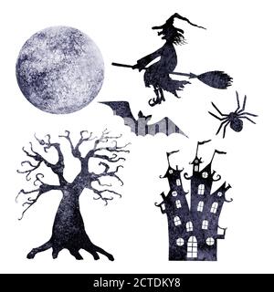 Halloween Aquarell Silhouetten. Set von Hand gezeichnet Aquarell lächelnd böse Hexe fliegen auf Besen, Spinne, Fledermaus, schrecklichen Baum, Schloss isoliert auf w Stock Vektor