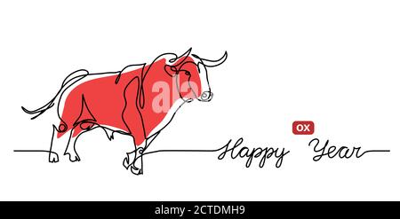 Happy OX Year einfaches Vektor-Banner, Hintergrund. Chinesisches Neujahrs 2021 Konzept mit roter Kuh, Stier. Eine fortlaufende Linienzeichnung mit Text Happy OX Year Stock Vektor