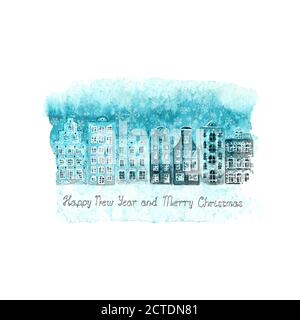 Frohe Weihnachten und Happy New Year Vintage Illustration mit Winter Farbe Aquarell handgezeichnete alte europäische Häuser und Schnee auf Blauer Fleck isoliert ein Stock Vektor