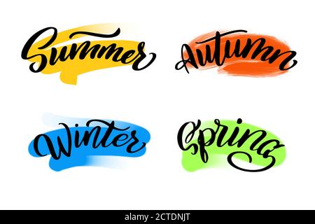 Sommer, Herbst, Winter, Frühlingsschrift geschrieben von Pinsel. Hallo Sommer Kalligraphie. Stock Vektor