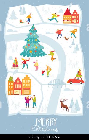 Frohe Weihnachtskarte mit Stadtplan und Menschen, die Winteraktivitäten. Stock Vektor