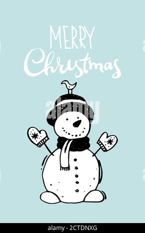 Frohe weihnachten und Frohes neues Jahr. Ein fröhlicher Schneemann in Fäustlingen, einem Schal und einem Hut auf blauem Hintergrund mit der Inschrift. Saisonale Grüße. Flache Winterdarstellung Stock Vektor