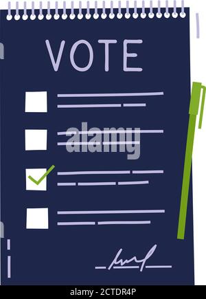 Abstimmdokument Bulletin Konzept. Cute Cartoon-Liste, Wahl der Optionen und Stift. Wahlwahl Wahlkonzept. Doodle handgezeichneter Stil. Vektorfarben Stock Vektor