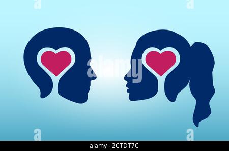 Vektor eines jungen Paares in Liebe männlich und weiblich Kopf Silhouetten mit roten Herzen innen Stock Vektor