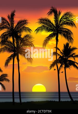 Sommer tropischen Strand Hintergrund mit Palmen, Himmel Sonnenaufgang und Sonnenuntergang. Sommerparty Plakat Poster Flyer Einladungskarte. Sommerzeit. Stock Vektor
