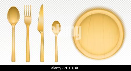 Holzbesteck und rundes Tablett für Pizza im Restaurant oder in der Kantine. Vector realistische Set von Besteck und Kreis Platte. Gabel, Löffel, Messer und Schale aus Holz oder Bambus isoliert auf transparentem Hintergrund Stock Vektor