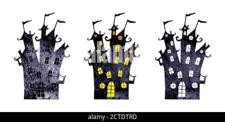 Halloween Silhouetten Set aus drei Aquarell dunkelblau schwarz schreckliche Schlösser isoliert auf weißem Hintergrund. Halloween Nacht Wald Konzept desig Stock Vektor