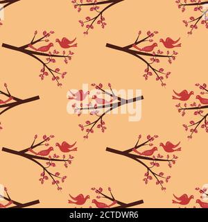 Vögel Zweige und Blätter Herbst Farben nahtlose Muster Stock Vektor
