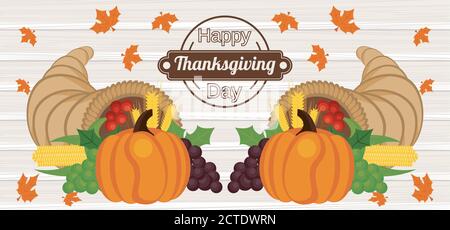 Happy Thanksgiving Day Poster mit Kürbissen und Früchten in Holz Hintergrund Vektor Illustration Design Stock Vektor