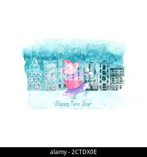 Frohes neues Jahr und Weihnachten Illustration mit Winter Aquarell handgezeichnet alten europäischen Häusern, Schnee und Eisschwein auf blauem blauem blauem Fleck isoliert auf w Stock Vektor