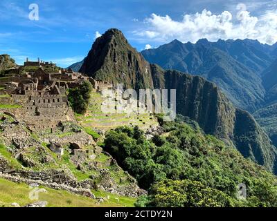 Machu Picchu Landschaft, Peru. Atemberaubende Aussicht auf das peruanische Wahrzeichen. Alte inka-Stadt. Inka-Imperium. Stockfoto