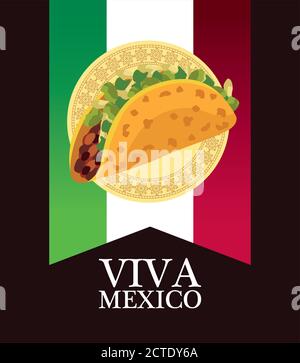 viva mexico Schriftzug und mexikanisches Food Poster mit Taco in Fahnenvektor Illustration Design Stock Vektor