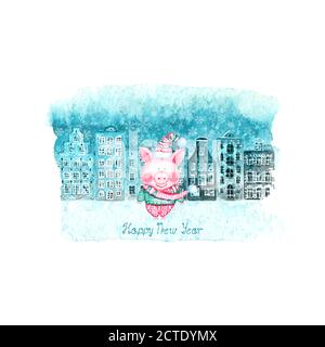 Frohes neues Jahr und Weihnachten Illustration mit Winter Aquarell handgezeichnet alten europäischen Häusern, Schnee und lustige Schwein auf blauem Blaugrün Fleck isoliert auf Whi Stock Vektor