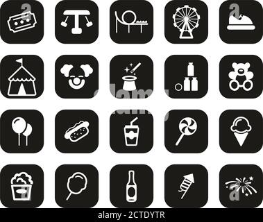 Vergnügungspark Icons Weiß Auf Schwarz Flat Design Set Groß Stock Vektor